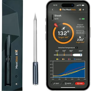 MeatStick 4X – Intelligentes kabelloses Thermometer mit Quad Sensoren – digitale Lebensmittelsonde (Reichweite 200 m, Bluetooth) – für Räuchern, Grillen, BBQ, Luftfritteuse, Backofen, Rotisserie