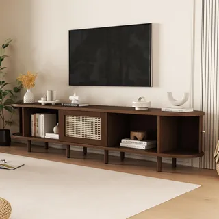 Merax TV Schrank Ovaler in Walnussholzfarbe, Lowboard Fernsehtisch mit 2 Schiebetüren, Schubladen aus Rattan, TV-Regal für Fernseher bis zu 80 Zoll, Landhausstil Fernsehschrank für Wohnzimmer, 180cm