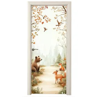 MuchoWow Türtapete Wald - Herbst - Waldtiere - Bär - Fuchs, Matt, bedruckt, (1 St), Türposter Selbstklebend, Deko Folie Tür und Möbel, 95x215 cm 95 m x 215 m