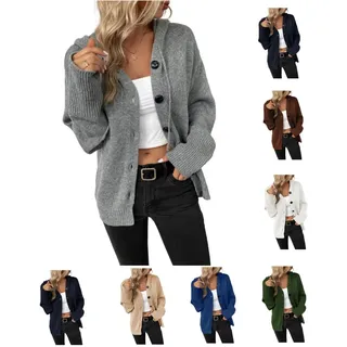 UPOI Damen Strickjacke mit Kapuze Kurz Strickjacke Cardigan mit V-Ausschnitt Knopfleiste Open Front Casual Sweater Pullover Langarm Grobstrickjacke Herbst Winter Strickmantel - L