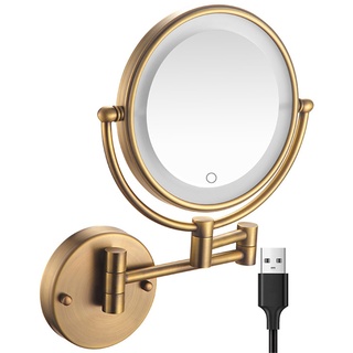 YSOLDA 8-Zoll-doppelseitiger beleuchteter Make-up-Kosmetikspiegel zur Wandmontage mit Touchscreen, dimmbar, 360° drehbarer LED-Kosmetikspiegel aus Messing, Rasierspiegel für das Badezimmer,USB,10X