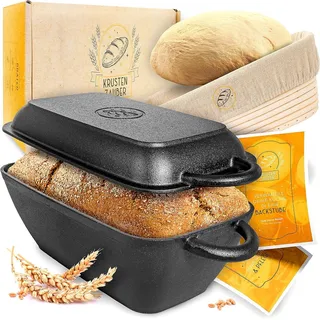 krustenzauber 28cm Gusseisen Bräter mit Deckel backofengeeignet inkl. Gärkorb - eckiger Topf Brot Backen - Ideal als Ofenform, Induktion, Brotbacktopf, Zubehör