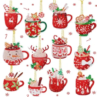 Owlfun 12 Set 5D Diamond Painting Weihnachten, Doppelseitige Kinder Diamanten Malerei, Anhänger und DIY Schlüsselanhänger Mit Heißem Kakao Motiv