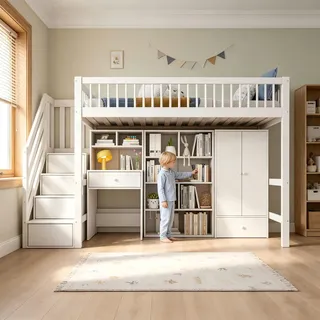 Hochbett mit Schreibtisch und Schrank, Hochbett 90x200 mit Treppe, Weiß | Kinderbett mit Schubladen, Staufächern, Etagenbett mit Lattenrost und Rausfallschutz, aus Massivholz und MDF, ohne Matratze