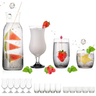 PLATINUX Trinkgläser Set & Karaffe mit Schwarzen Ombré Effekt 19 Teilig aus Glas Wasserkaraffe Cocktailgläser Trinkglas