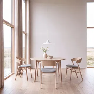 Esstisch HAMMEL FURNITURE "Basic Single, rund/oval, ausziehbar Ø130–228 cm, mit 2 Einlegeplatten", beige (naturfarben), B:130cm H:76cm T:130cm, Tischplatte: Eiche Melamin mit weiß pigmentierter Eichenkante (Mattlack), Gestell: Eiche massiv weiß pigmentiert, Tische, Esstisch, Ø130/228 cm, Melamin / Massivholz, stabiler dänische Design Tisch