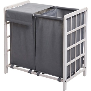Wäschesammler HWC-B60AM, Laundry Wäschebox Wäschekorb, Massiv-Holz 2 Fächer 60x60x33cm 68l - shabby weiß, Bezug grau