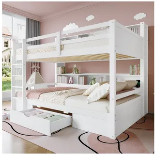 MODFU Etagenbett Hochbett aus Holz (Kinderbett, Gästebett, Jugendbett, mit Stauraum und Schublade), ohne Matratze weiß