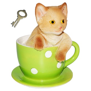 Spardose - süße Katze in Einer Tasse - mit Schlüssel/stabile Sparbüchse - aus Kunstharz - Kätzchen - Rassekatze/Hauskatze - Sparschwein - lustig witzi..