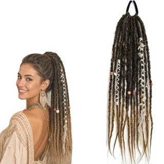 Elastische Dreadlock-Pferdeschwanz-Boho-Haarerweiterung mit Perle, 22" Beach-Vibe Viking-Zopf, Ein-Minuten-Befestigung für Festival & Alltag(E)
