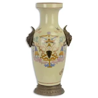 Casa Padrino Jugendstil Deko Vase Cremefarben / Mehrfarbig H. 38,7 cm - Runde Porzellan Blumenvase - Barock & Jugendstil Deko Accessoires