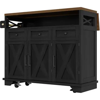 OKWISH Kücheninsel MDF Metall Schwarz 118x43x98 cm mit klappbarer Tischplatte, Rollen, 3 Schubladen und Stauraum