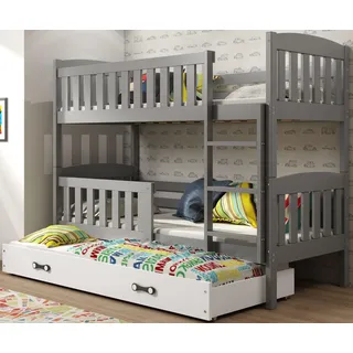 Interbeds Etagenbett 200x90 cm für 3 Kinder Stockbett Hochbett Holzbett Kiefernholz Kinderbett zusätzlicher Schlafplatz in der Schublade Jugenbett mit Lattenrost und Rausfallschutz (grau, 200x90)