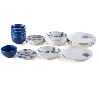 Rivaldi, Botanic Blau Service-Teller 24-teilig, Suppenteller, Flachteller, Obst-/Dessertteller und Schalen aus Porzellan, weiß, blau