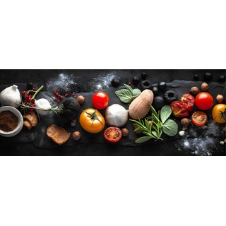 artissimo Glasbild Glasbild 80x30cm Bild aus Glas Küche Küchenbild Gemüse Kräuter, Essen und Trinken: Italien Gourmetküche bunt|schwarz