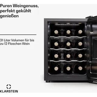 Klarstein Freistehender Weinkühlschrank 1 Zone, Getränkekühlschrank Klein, Kleiner Weinschrank, Wein-Kühlschrank Klein mit Glastür, Indoor/Outdoor