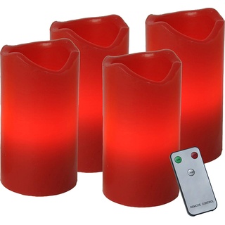 4er-Set LED Stumpenkerze Advent von Star Trading, LED Adventskerzen, Kerzenlicht warmweiß mit Timer, batteriebetriebene Weihnachtsdeko mit Fernbedienung aus Wachs in Rot, Höhe: 10 cm