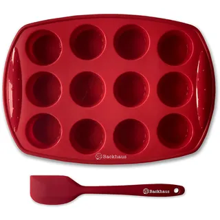 Backhaus FlexBake Mini-Muffinform 12er mit Teigschaber – Platin-Silikon BPA-frei, antihaftend, LFGB-zertifiziert, Muffinblech für Mini-Muffins & Pralinen, spülmaschinenfest – Rot