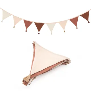 jijAcraft Wimpelkette Kinderzimmer mit Quasten Beige-Braun: 2,8 m Girlande | Doppelseitige Stoff Wimpelkette aus Musselin-Baumwolle, 12 Wimpel à 15 cm für Babyzimmer, Hausbett und Natur-Deko