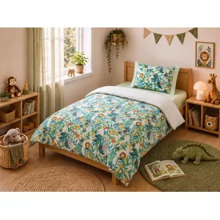 Bettwaesche-mit-Stil Mako Satin Kinderbettwäsche Dschungel Faultier AFFE Löwe (Pastell Grün, 100x135 + 40x60 cm) 100% Baumwolle