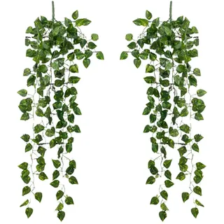 2 Bündel künstlicher Pothos, gefälschte hängende Blätter, künstliche Pflanzen, Wandbehang, Efeu, grüne Ranken, geeignet für Heimbüro, Innen- und Außengründekoration, Raumhochzeitsdekoration