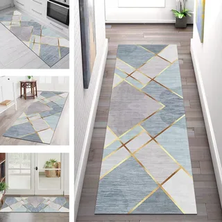 Läufer Teppich Flur Küche Waschbar rutschfest Küchenläufer Meterware 80X500CM Grau Grün Gold Lang Teppichläufer Teppichmatte Dauerhaft für Korridor Wohnzimmer Schlafzimmer Anpassbar Modern Läufer