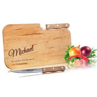 Personalisiertes Frühstücksbrettchen mit Messer – Holzbrett 26 x 16 cm mit Namensgravur – Messerbrettchen und Vesperbrett – Geschenk zum Geburtstag, Vatertag oder Muttertag