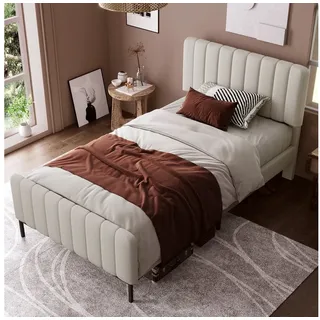 Flieks Polsterbett, Einzelbett verstellbares Kopfteil Leinen 90x200cm beige|grau 95 cm x 209 cm x 107 cm