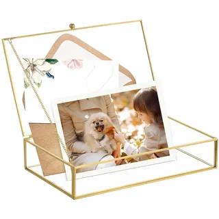AMGSH Goldene Vintage-Glas-Andenken-Box, Schmuckkästchen, Fotokarten, Schattendeckel, dekorative Glasbox für Display, klare rechteckige Box, Ringe, Armbänder, Ohrringe, Schmuckaufbewahrung (22 x 13 x