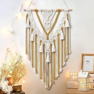 xisrens Boho-makramee-wandteppich Mit Geometrischem Muster, Gewebt, Beige Und Grau, Aus Baumwolle, Handgefertigt Mit Quasten, Für Schlafzimmer, Wohnzimmer, Wohnung, Kinderzimmer