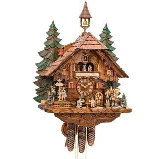 Cuco Clock Pendelwanduhr Kuckucksuhr Schwarzwalduhr "Waldkonzert" Wanduhr aus Holz (33 x 47 x 63cm, 8 - Tage Werk, automatische Nachtabschaltung) braun