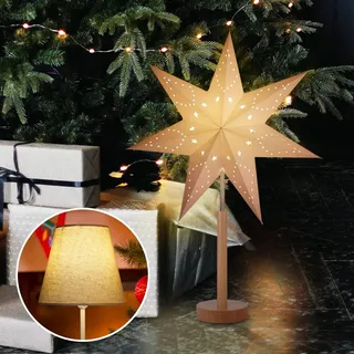 SALCAR LED Tischlampe mit Weihnachtsstern, 3D Adventsstern beleuchtet aus Papier mit Holz-Sockel / E14 Lampe, Weihnachtsdeko Tisch mit Wechselschirm, 45cm Papierstern Weiß und Lampenschirm Warm