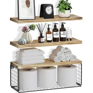 LuxusKollektion Wandregal Regal Wandregal Holz 3 Stueck Rustic mit Korb, 3-tlg. braun