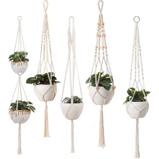 5er Set Makramee Blumenampel, Boho Deko Baumwollseil Hängeampel Blumentopf Pflanzen Halter Aufhänger für Innen Außen Decken Balkone Wanddekoration - Weiß