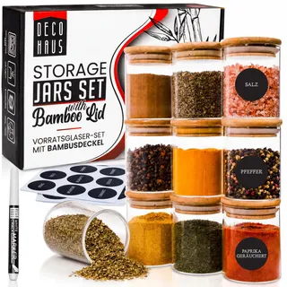 Deco haus® Gewürzgläser rund luftdicht mit Holzdeckel 10er Set [+Etiketten] - Gewürzdosen Set Glas - Gewürzbehälter Spice Jars Set - Gewürze Aufbewahrung - Behälter für Gewürze - Gewürzaufbewahrung