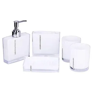 Badezimmer Accessoires Set 5-teilig Acryl Seifenspender, Zahnbürstenhalter, Seifenschale, 2 Zahnputzbecher, Weiß