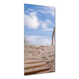Wallario Duschrückwand Auf der Holztreppe zum Strand, (1-tlg) blau|braun 70 cm x 180 cm