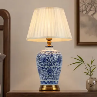 Tischlampe Retro Keramik, Stoff-Nachttischlampe, Vintage-Leselampe für das Schlafzimmer, weißer Lampenschirm, Schreibtischlampe im modernen Stil, E27-Nachttischlampe für Hotel, Wohnzimmer(F 58CM)