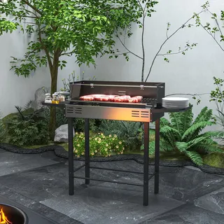 Holzkohlegrill Grill Bbq-grill, Verstellbares Rost, 1 Drehspieß, 118 X 32 X 90 Cm, Schwarz + Silber