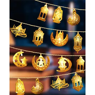 Ramadan Dekorationen, 10 LEDs Ramadan Lichterkette Eid Mubarak-Mond Stern Kerosin-Laterne Mubarak-Mond-Eid Lichterkette Batteriebetrieben Ramadan Dekoration für Zuhause Außen Innen 2024 Warmweiß