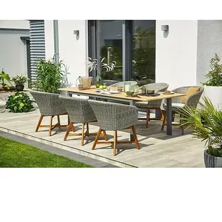 Sunfun Gartenmöbel-Set Carina/Pauline  (7 -tlg., Akazie/Stahl/Polyrattan/Aluminium, Teakbraun/Anthrazit/Bambus Grey/Natur, Tischplatte ausziehbar)
