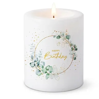 Kerze Geburtstag Happy Birthday um Eukalyptus weiß als Tischdeko. Kerze mit Motiv als Geburtstagsgeschenk oder als originelle Deko für Frauen und Männer in jedem Alter Ø8 x Höhe 7,5cm