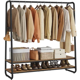VASAGLE Kleiderständer, Garderobenständer, Garderobe, 2 Ablagen, 6 Haken in S-Form, Stahlgestell, 45 x 138 x 160 cm, für Schlafzimmer, Flur, Eingangsbereich, vintagebraun-schwarz RGR119B01
