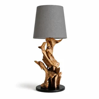 Möbel Bressmer IKAL Treibholzlampe 82 cm – handgefertigte Tischlampe aus massivem Teak-Wurzelholz mit Leinen-Lampenschirm | Rustikale Tischleuchte in verschiedenen Farben (Grau)