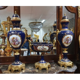 Casa Padrino Luxus Barock Porzellan Vasen und Schalen Set (2 Vasen und 1 Schale) mit Messing Griffen