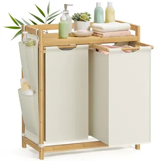 Songmics Wäschekorb 2 Fächer, Bambus, Wäschesammler 150 L,