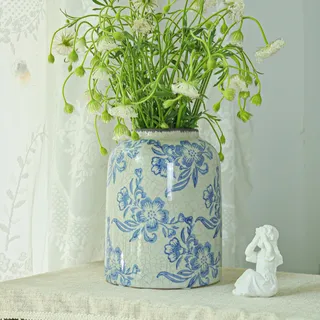 Keramikvasen mit Blumenmuster, rustikale blaue und weiße Vase, Retro, rissige Glasur, Vintage-Vasen, Bauernhaus-Dekorvase (blau, 20 x 15,5 cm)