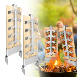 AufuN Flammlachsbretter 2er Set Räucherbrett aus Zedernholz | Mit 5 Stufen einstellbar Stabiler Edelstahl-Halterung, Lachs bis 2,5kg, für Feuerschalen, Outdoor Grill zedernholzbrett