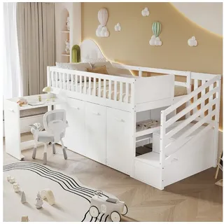 Flieks Hochbett Kinderbett 90x200cm mit herausnehmbarem Schreibtisch Gaderobe Schrank weiß