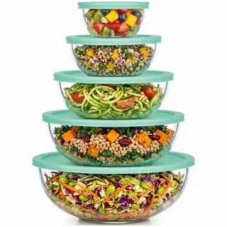 uandu home Vorratsdose 5er Glas-Salatschüssel Set mit Deckel – BPA-frei, (Stapelbar, Spülmaschinen- & Mikrowellenfest, 0.19l-3.3l, Salatschüsseln für Küche & Meal Prep, Borosilikatglas Rührschüssel Set) grün